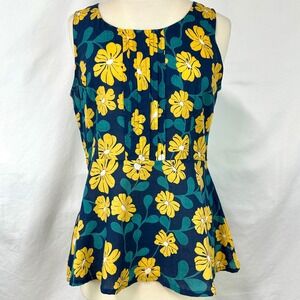 MATA TRADERS Navy Yellow Floral 100% Cotton Peplum Sleeveless Top Women's M